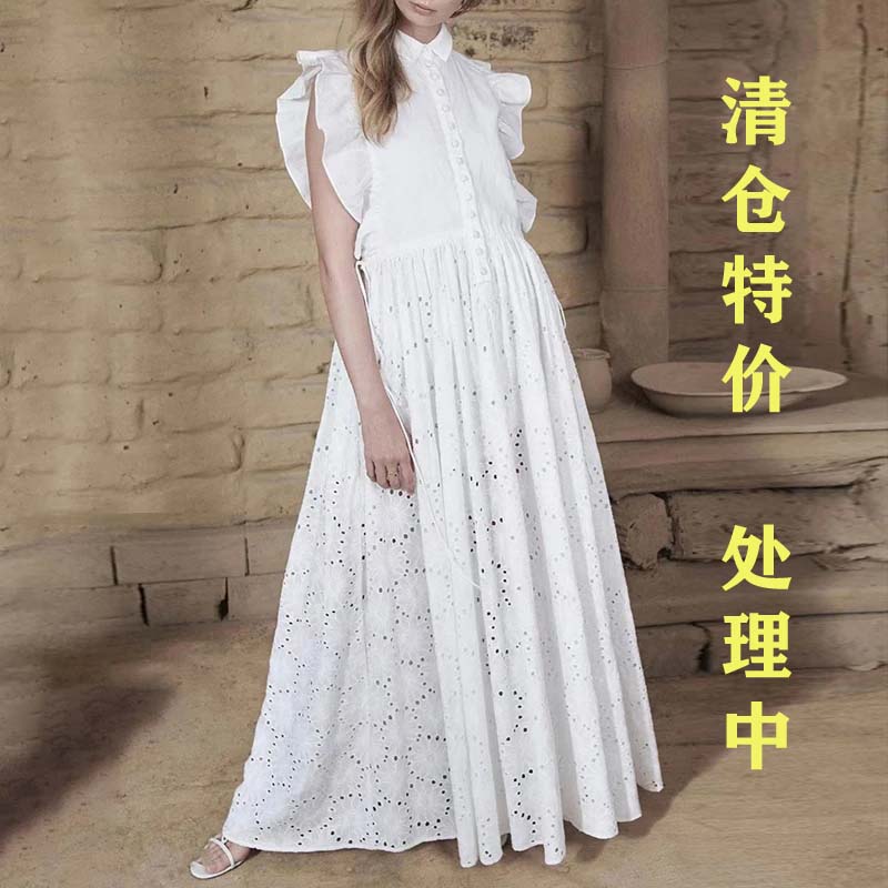 法式小众甜美轻柔风2024春季新款荷叶边立领设计白色孤品连衣裙女