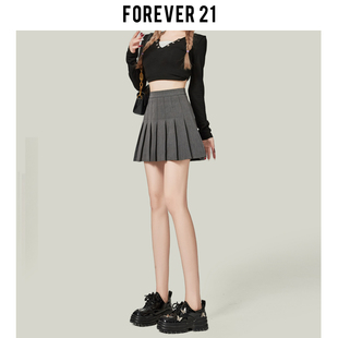 Forever21高腰百褶半身裙女灰色A字裙JK短裙防走光显瘦西装裙子