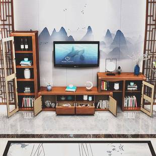 现代中式实木电视柜组合客厅家用伸缩高低柜酒柜一体影视背景墙柜