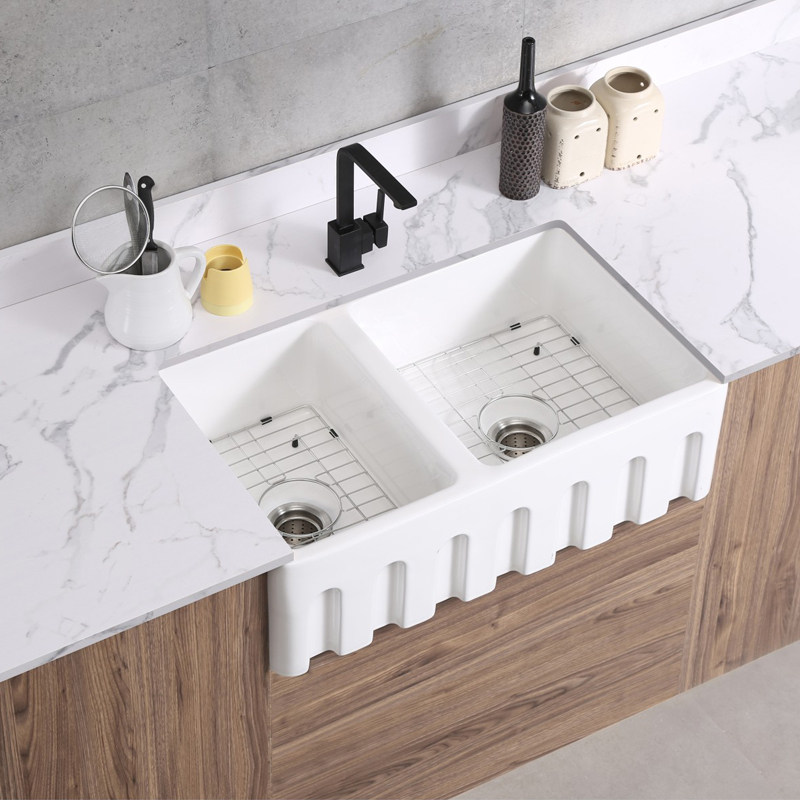 蝶陶新款前置半嵌入复古厨房水槽美式陶瓷洗菜洗盆现代农舍单双槽