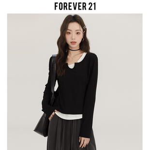 Forever21黑白撞色假两件长袖正肩T恤女春季休闲修身百搭针织上衣