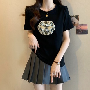 新中式国风唐装刺绣黑色盘扣短袖T恤女夏季大码胖mm显瘦正肩上衣