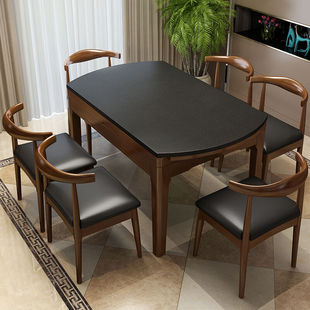 （）火烧石餐桌椅组合简约可伸缩圆桌全实木电磁炉饭桌小户型1.2