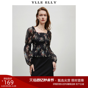 YLLE ELLY法式复古方领雪纺衫春装新品长袖套头碎花小衫上衣