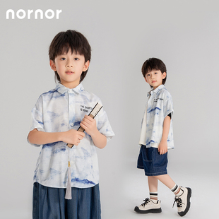 NORNOR 男童夏款2024年烟雨印花国风衬衫儿童短袖休闲百搭上衣