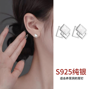 S925纯银几何方块耳钉女小众设计高级感耳环2024年气质百搭耳饰品