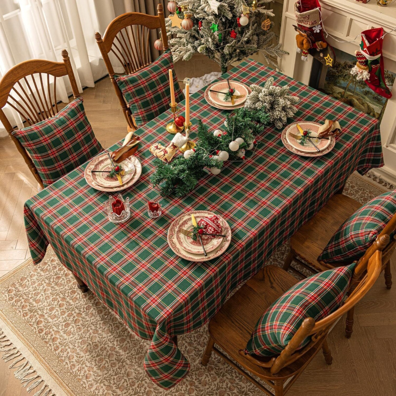 圣诞节桌布苏格兰绿色格子餐布长方形家用台布艺拍照高级感棉麻