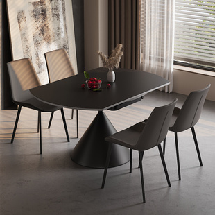 极简岩板餐桌椅意式轻奢可旋转伸缩方圆两用简约现代家用饭桌黑色