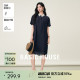 Basic House/百家好天丝翻领撞色连衣裙女夏季高级拼接中长款裙子