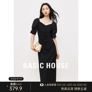 Basic House/百家好泡泡袖黑色连衣裙女2024春季高级感v领小黑裙