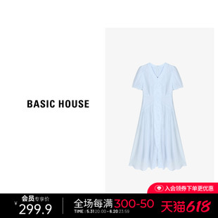 Basic House/百家好莱赛尔V领短袖连衣裙新款纽扣拼接设计长裙子