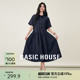 Basic House/百家好复古翻领短袖连衣裙夏季流行纯色A字中长裙女