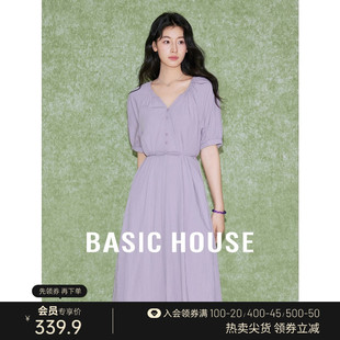 Basic House/百家好V领盘扣连衣裙夏季新款温柔风高腰A字裙子短袖