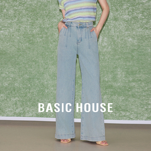 Basic House/百家好蓝色复古水洗牛仔长裤夏新高腰显瘦阔腿直筒裤