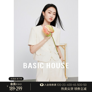 Basic House/百家好纯色薄款小香风短外套高级感小个子短袖西装夏