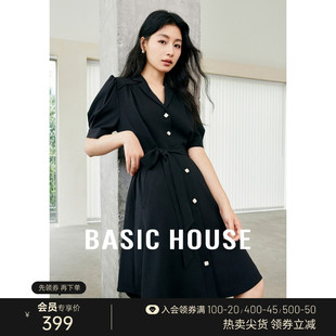 Basic House/百家好气质西装翻领连衣裙夏新款收腰泡泡短袖小黑裙