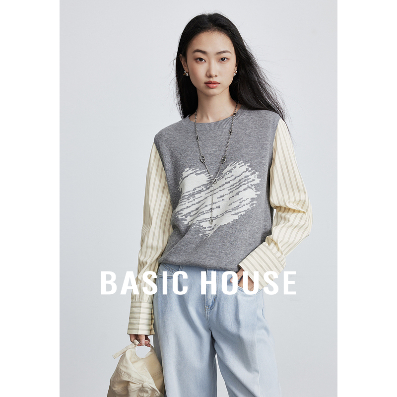 Basic House/百家好假两件拼接针织衫春季新款撞色圆领长袖上衣女