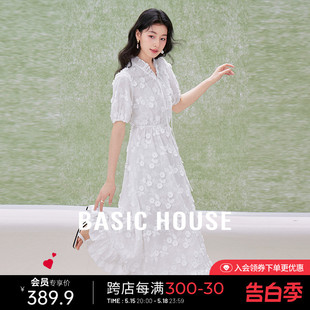 Basic House/百家好系带短袖连衣裙立体小花中长款裙子白色夏2024