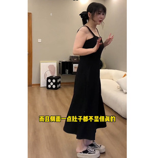 大码赫本风黑色吊带连衣裙女夏季胖mm气质显瘦遮肉法式背心长裙子