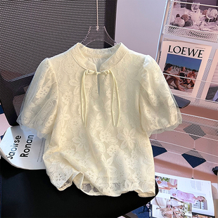 新中式轻国风蕾丝短袖衬衫女夏季2024新款设计感印花短款盘扣上衣
