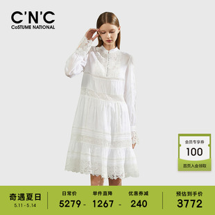 CNC女装法式小个子公主裙遮肚子减龄白色蕾丝小立领长袖连衣裙女