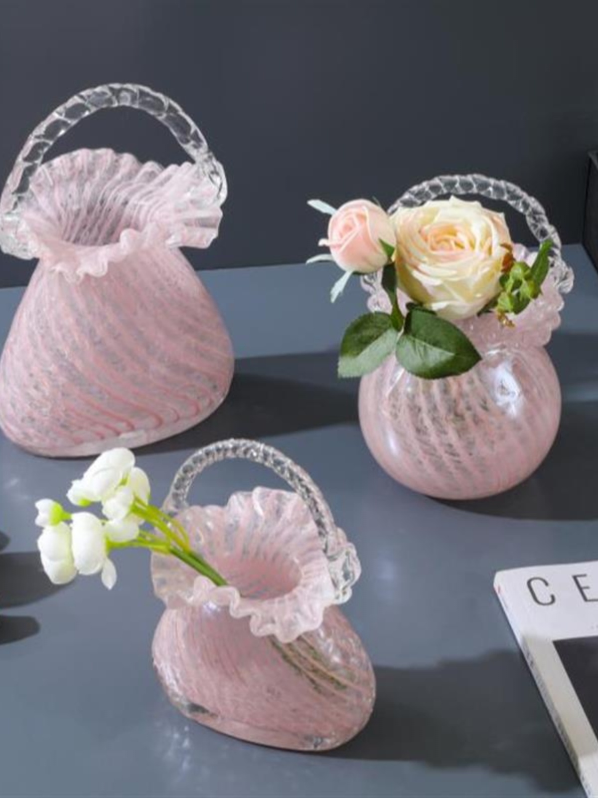 【遇见轻奢】现代轻奢粉色琉璃纯手工工艺品螺纹摆件时尚居家花瓶