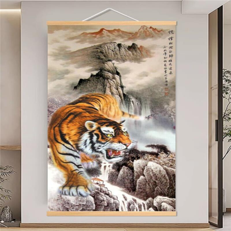 老虎画入户玄关上山虎装饰画猛虎下山图新中式寓意好挂画客厅国画