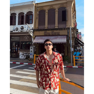 酒红色古巴领冰丝花衬衫短袖泰国三亚海边度假男装东南亚风格衣服