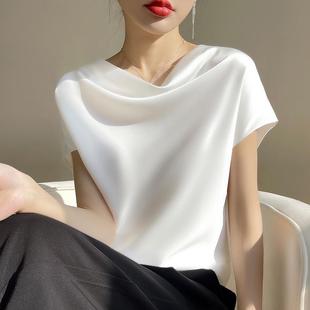 真丝衬衫女短袖夏季2024新款时尚洋气修身显瘦白色桑蚕丝t恤上衣