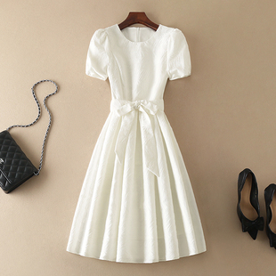 2024新款显高女装小白裙高级感法式白色简约圆领收腰连衣裙夏