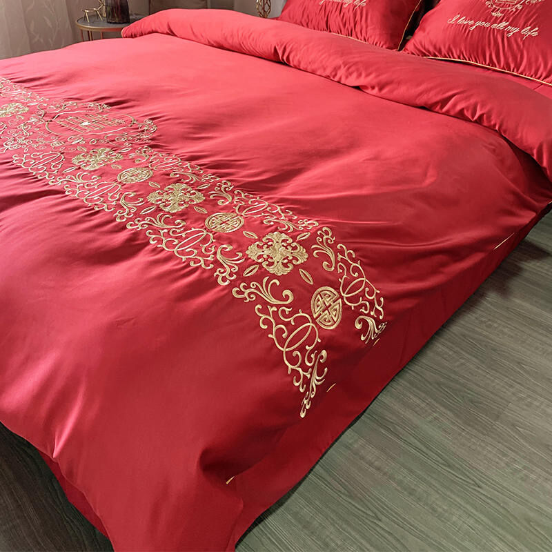 中式新婚庆四件套大红色全棉喜被刺绣被套纯棉床单结婚嫁床上用品