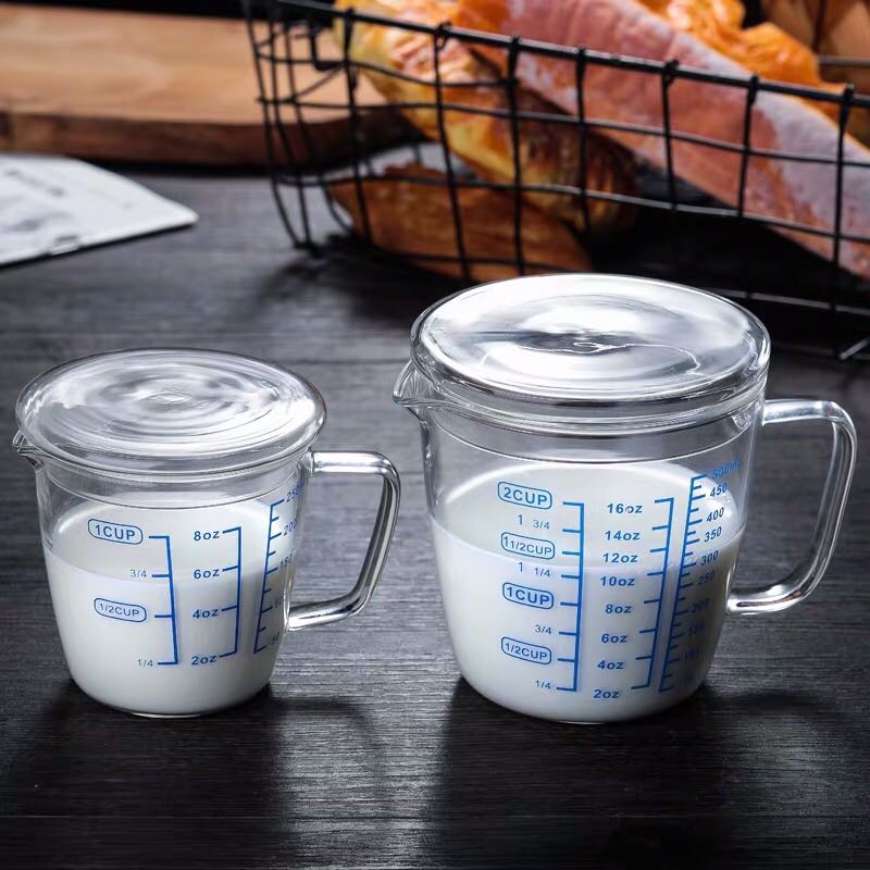 浅茗轩耐热玻璃牛奶杯带盖量杯微波炉加热量水杯透明刻度杯咖啡杯