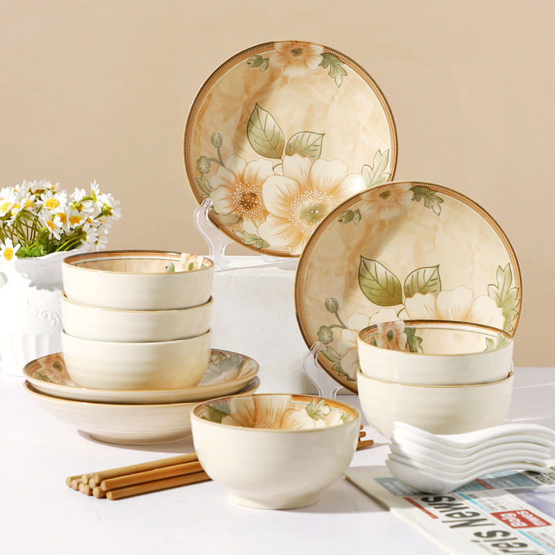 碗碟套装家用陶瓷釉下彩碗盘碗筷组合创茉莉花餐具饭碗盘子菜盘