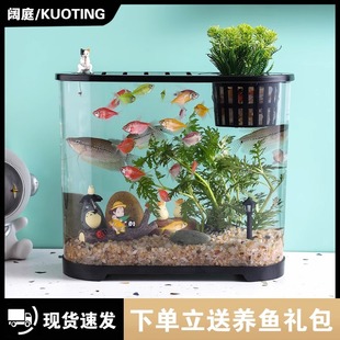 桌面鱼缸小型家用高清透明塑料生态鱼缸有盖办公桌椭圆形生态缸