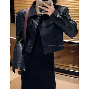 韩系黑色小香风皮衣外套女2024春秋新款宽松夹克高级感复古短款.