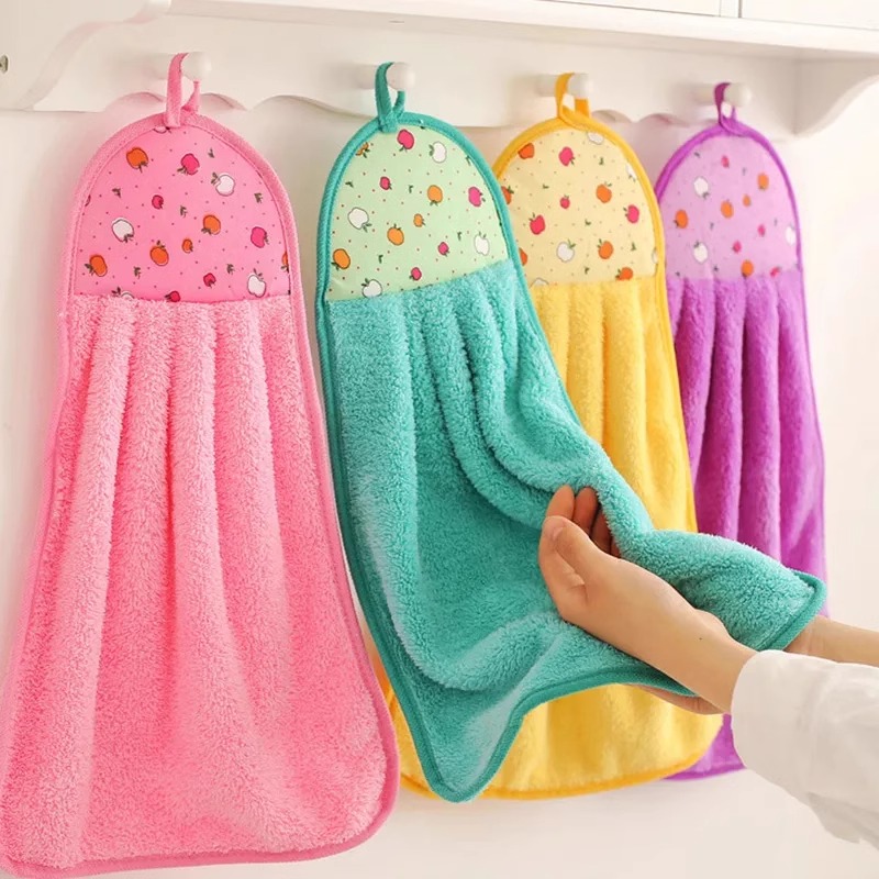 珊瑚绒挂式擦手巾可爱吸水毛巾家用浴室卫生间厨房加厚手帕布抹布