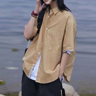 日系复古工装休闲短袖衬衫男女夏季外穿上衣宽松百搭纯色衬衣外套