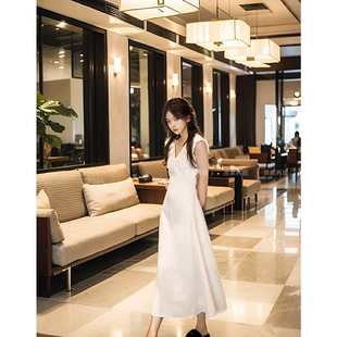 高级感法式白色领连衣裙女2023年新款裙子夏季赫本气质长裙女装.