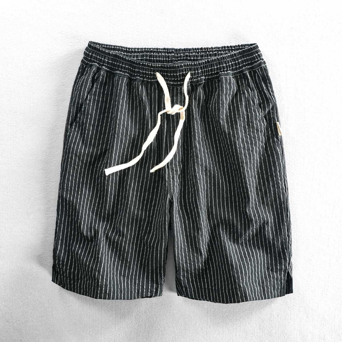 草民麻衣夏季男士休闲短裤条纹运动潮流男裤子系松紧带沙滩五分裤