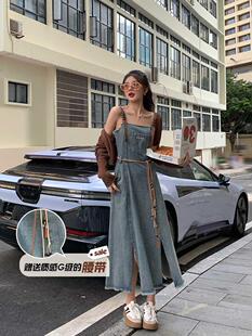 张大人2024秋季新款大码女装显瘦设计感复古吊带牛仔连衣裙套装女