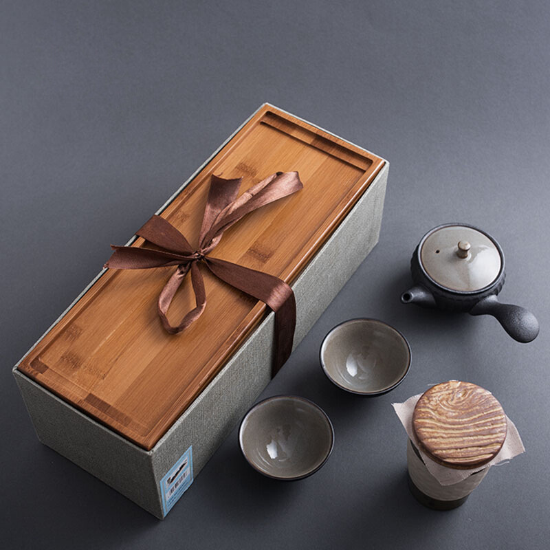 便携式陶瓷旅行茶具套装 向阳侧把壶竹盘5件套带典雅精致茶叶罐