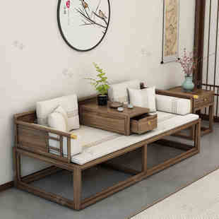 新中式罗汉床茶桌椅组合实木高端沙发贵妃榻老榆木推拉床塌小户型