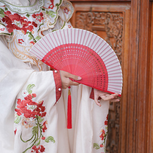 红白马面裙扇子古风汉服折扇中国风旗袍女扇大号舞蹈专用跳舞扇子