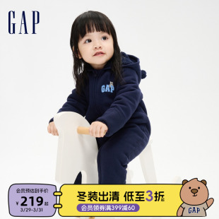 Gap婴儿冬季LOGO熊耳一体式连体衣儿童装洋气可爱外出爬服837102