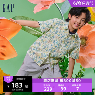 Gap男童2024夏季新款纯棉满印短袖花衬衫宽松儿童装上衣890513