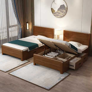 实木床1米5带储物空间气压高箱床1米2单人床1.35米抽屉床90公分宽