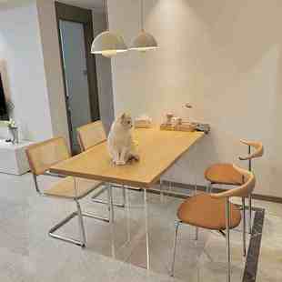 亚克力悬浮餐桌家用现代简约长方形书桌北欧实木大板桌原木工作台