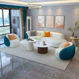 蓝色沙发客厅2024新款现代简约弧形科技布艺组合小户型沙发4人位