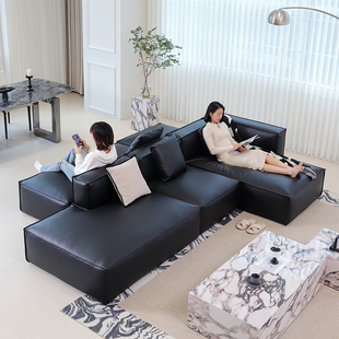 己家意式极简横厅双面沙发北欧现代简约客厅黑色真皮模块组合沙发