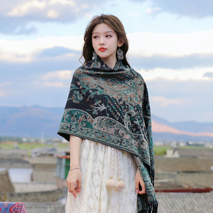 云南民族风披肩女新疆西藏旅游拍照穿外搭川西斗篷两用围巾女冬季